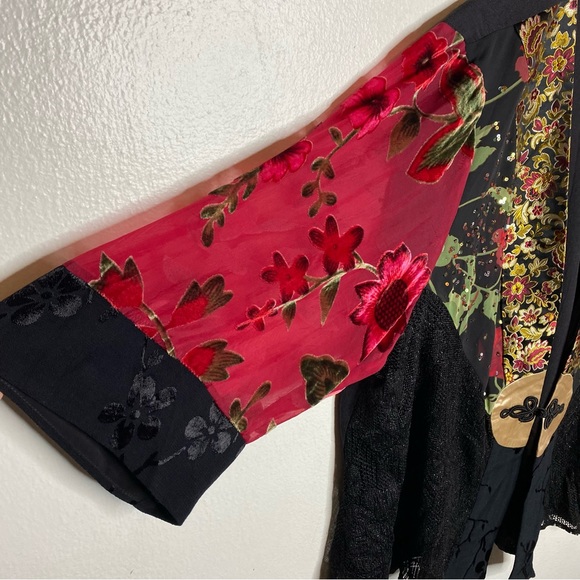 Spencer Alexis Red Black Floral Sheer Sleeve Velvet Detail Kimono Lace Size 2X - Picture 3 of 13